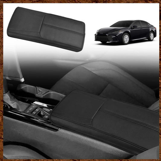 Muslogy Armrest Pad Center Console Cover Compatible with 2025 Toyota Camry LE SE XLE XSE Accessories Armrest Lid Protector Vegan Leather Extra Soft Lid Cushion (Black/Black Stitching)