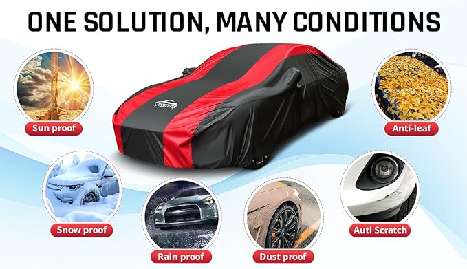 Car Cover Waterproof All Weather Protection with Red Stripe Design, Universal Fit Ford Mustang, Chevrolet Camaro, Toyota Camry, Honda Accord Civic, Nissan Altima,Tesla Model 3