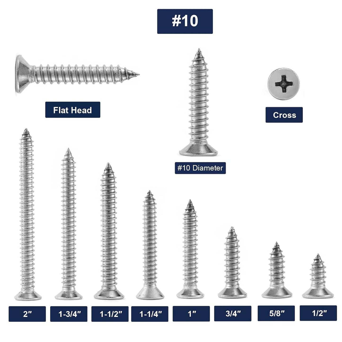 #10 x 1-1/2" Wood Screw 100Pcs 18-8 (304) Stainless Steel Screws Flat Head Phillips Fast Self Tapping Drywall Screws by SG TZH