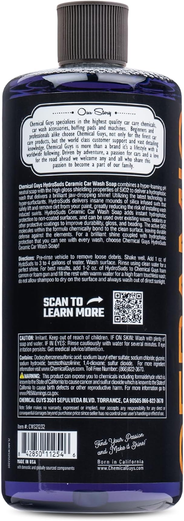 Chemical Guys HydroSuds Ceramic SiO2 Shine High Foaming Car Wash Soap (Works with Foam Cannons, Foam Guns or Bucket Washes) for Cars, Trucks, Motorcycles, RVs & More, 32 fl oz, Berry Scent - CWS21232