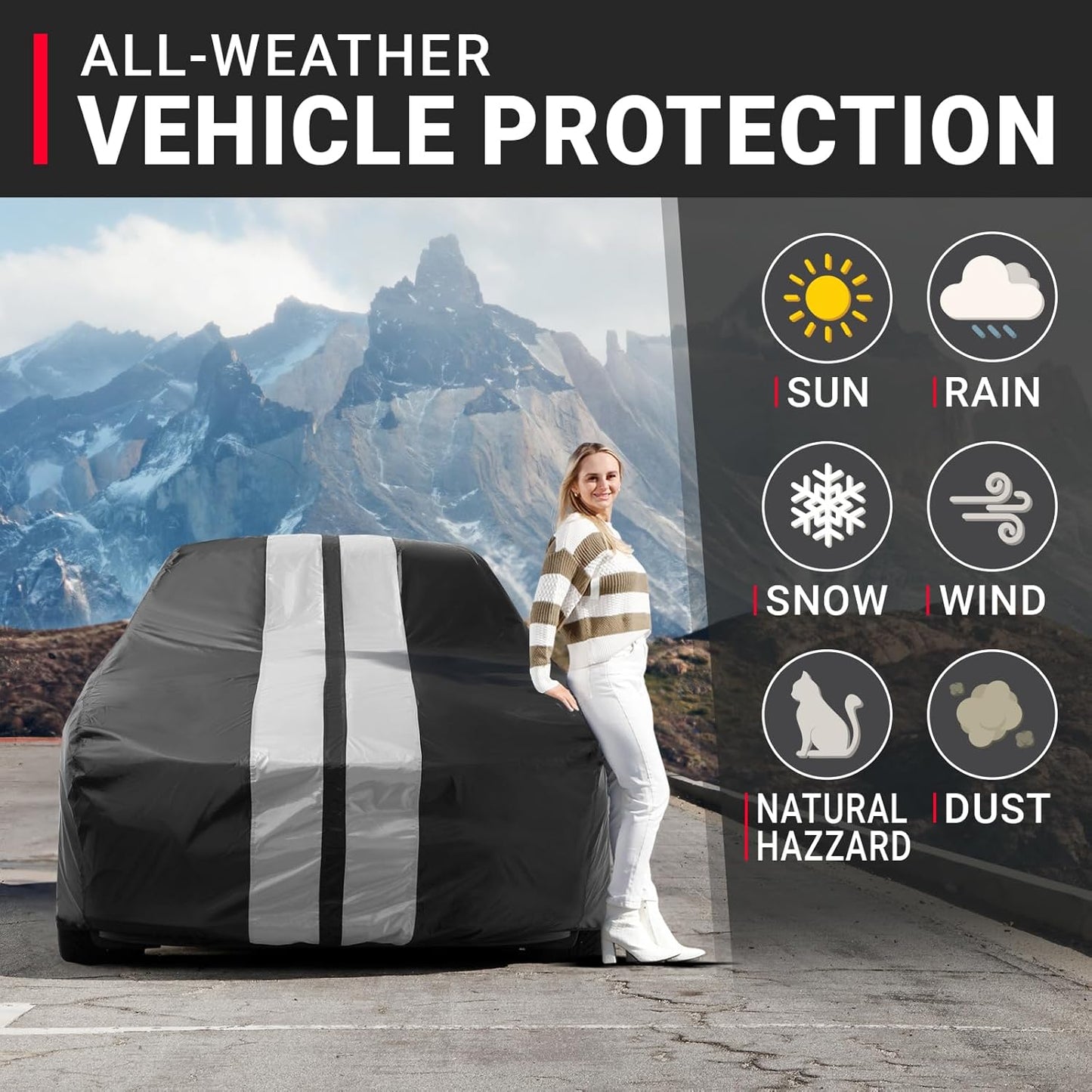 iCarCover Custom Car Cover for Pontiac Sunbird 2-Door (1976-1980) Waterproof All-Weather Rain Snow UV Sun Protector Full Exterior Indoor Outdoor Car Cover (Stripe - Black/Gray)