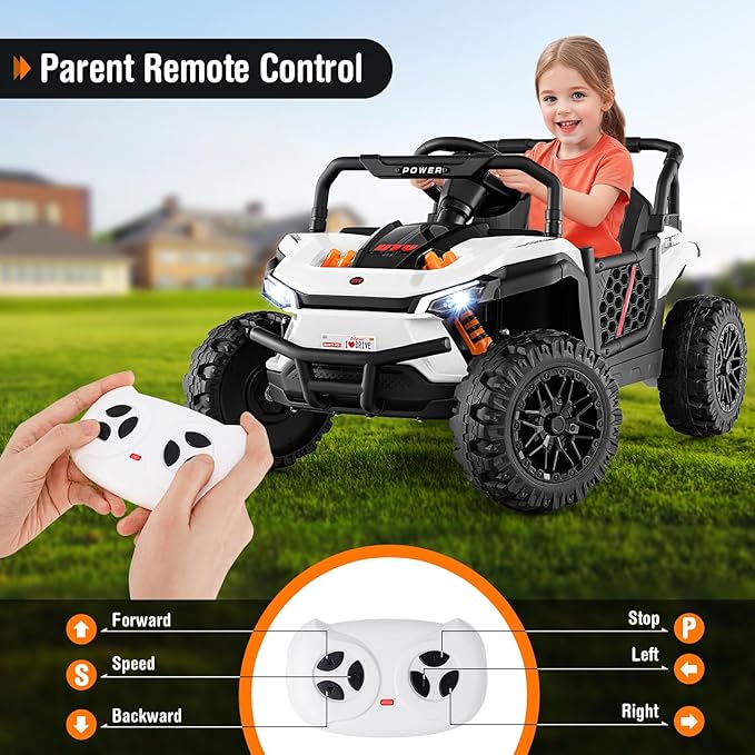 Costzon Kids UTV, 12V Battery Powered Electric Off-Road Car w/Remote Control, Sounds, Wireless Connection, 3 Speeds & 4-Wheel Suspension, Kids Ride on Truck, Gift for Boys & Girls 3+ Years Old (White)