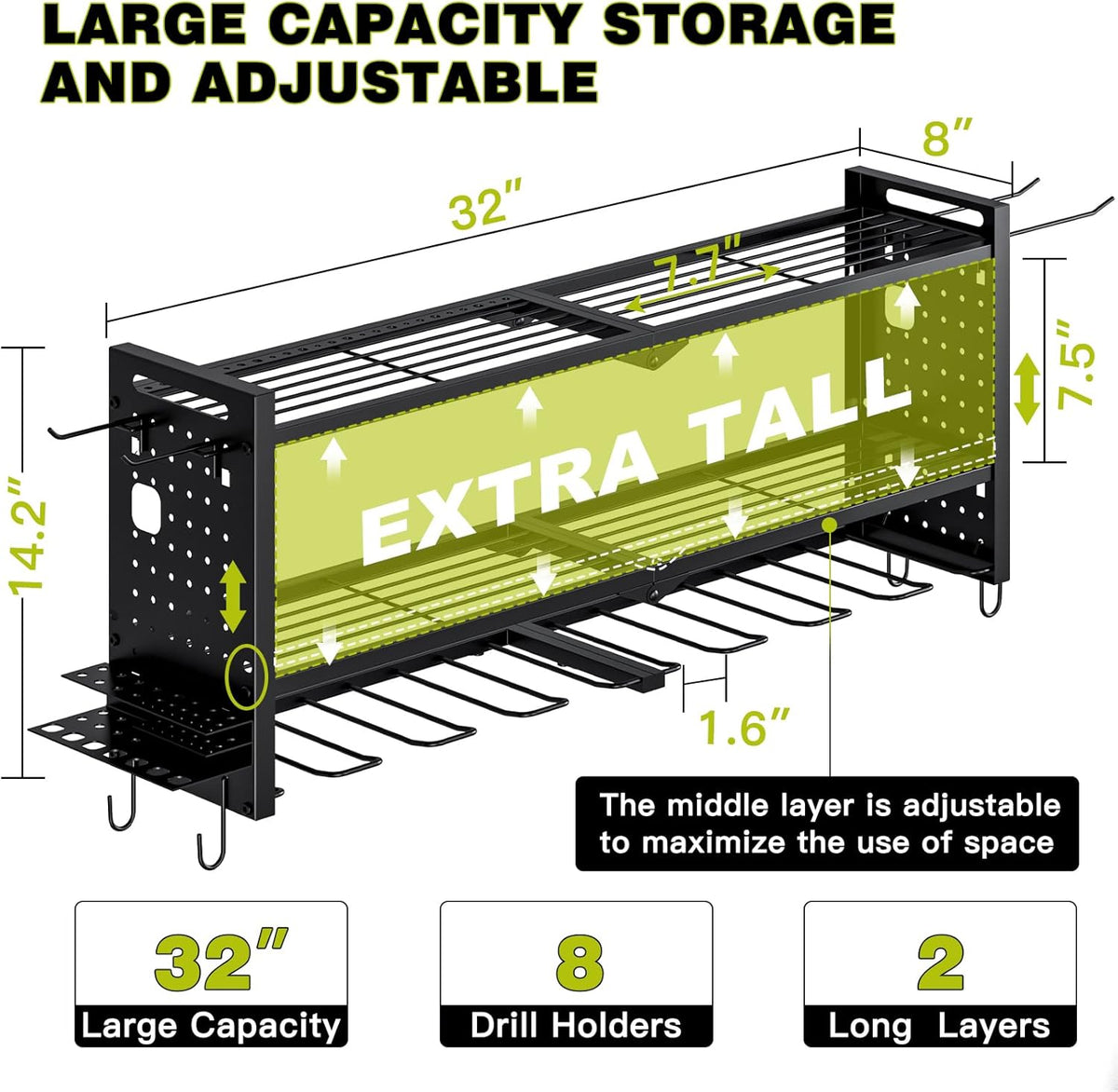 Power Tool Organizer Wall Mount,Cordless Drill Hanger Storage Rack 8 Drill Holder,3 Layers Heavy Duty Power Tool Storage Rack (Black)