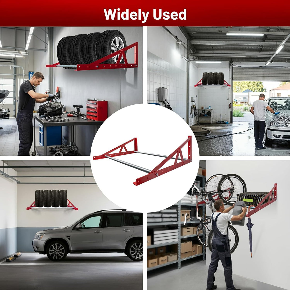 ROBLOCK Adjustable Tire Rack Wall Mount for Garage, Wheel Spare Tire Carriers with Heavy Duty Steel, Adjustable Length(31"-56"), Red