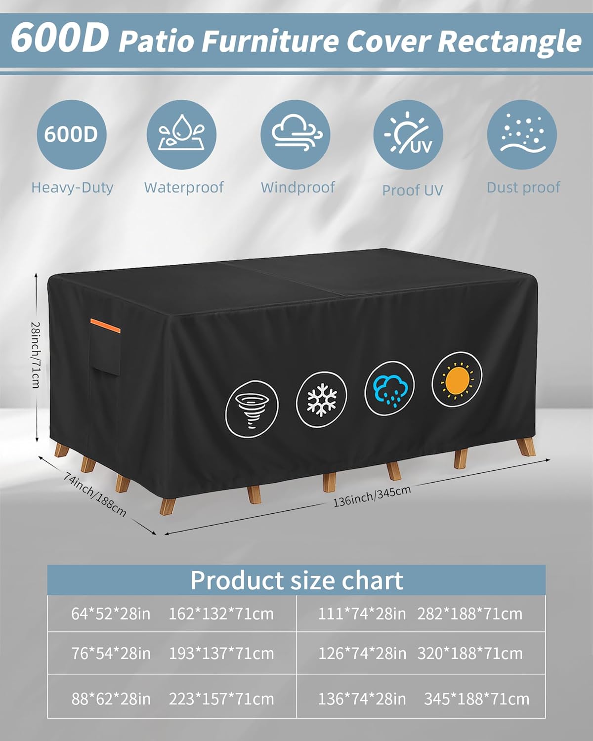 Outdoor Waterproof Furniture Cover, 136W x 74L x 28H inches Heavy Duty 600D Rectangular Table and Chair Set Protection, Black
