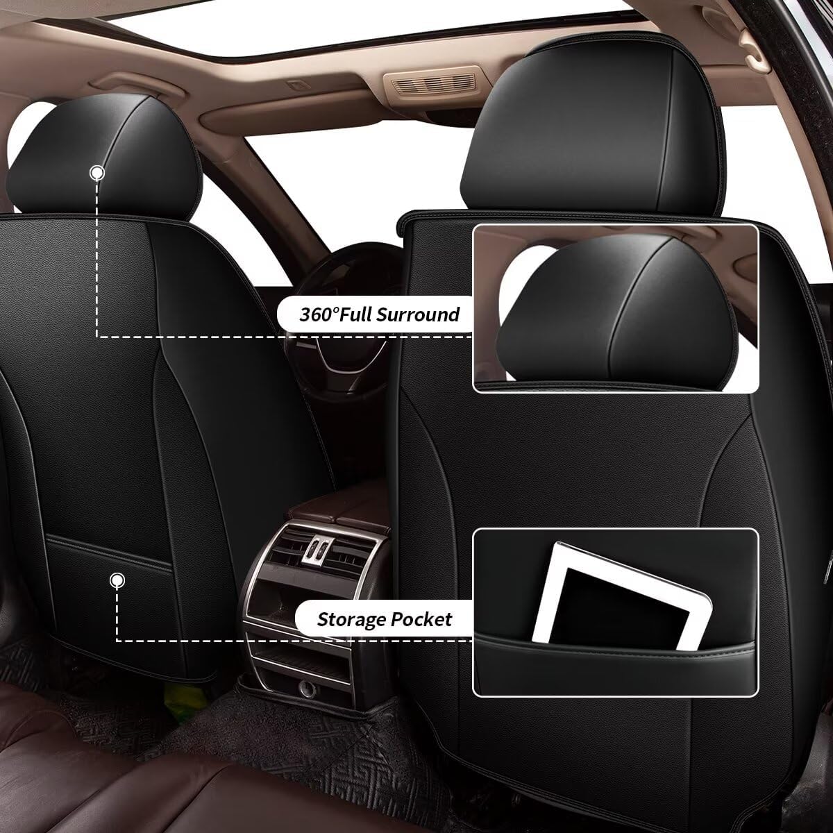 YORKNEIC 2 Front Seat Covers Fit for Hyundai Kona 2018-2024 2025: Leather Car Seat Covers - Waterproof Car Seat Protector Compatible Airbag (Black & Grey)