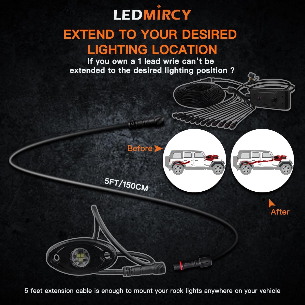 LED Rock Lights Extension Cable Wire Cord 2Pin Waterproof 4PCS 5ft 22AWG with Male to Female Connectors 11mm Nut Size for Wheel Lights Spot Flood Light Driving Fog Light for Truck