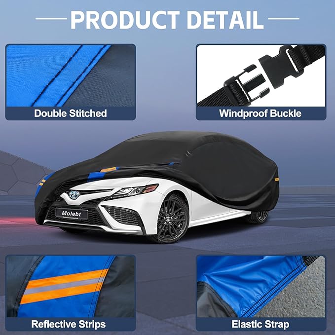 Car Cover Waterproof All Weather for Automobiles, Full Exterior Covers for Sedan & Coupe (201-208 inch) Universal Fit for Chrysler 300, Benz S-Class, etc. Rain Winter Sun Snow Protection.