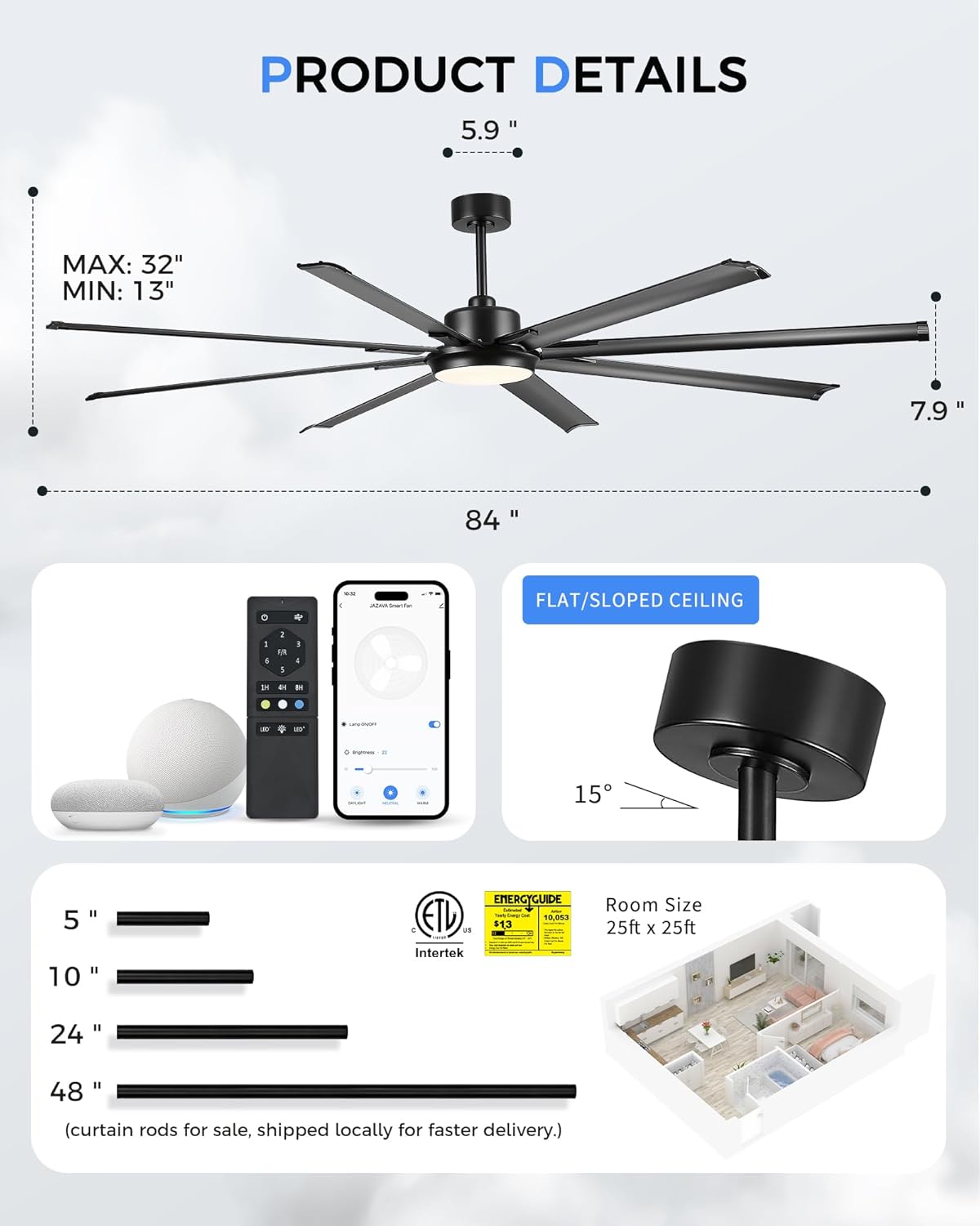 84 Inch Industrial Ceiling Fan with Light,Large Ceiling Fan with 8 Aluminum Blades,Work with Alexa,6-Speed Reversible DC Motor,3 CCT Settings,deal for Outdoor Spaces,CF04BK-84