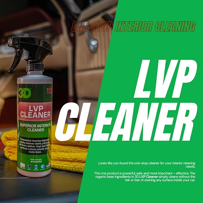 3D LVP Interior Cleaner - Removes Dirt, Grime, Grease, Oil & Stains from Leather, Vinyl & Plastic - Great for Seats, Steering Wheels, Door Panels, Dashboards - Car, Office, Home Use 16oz.