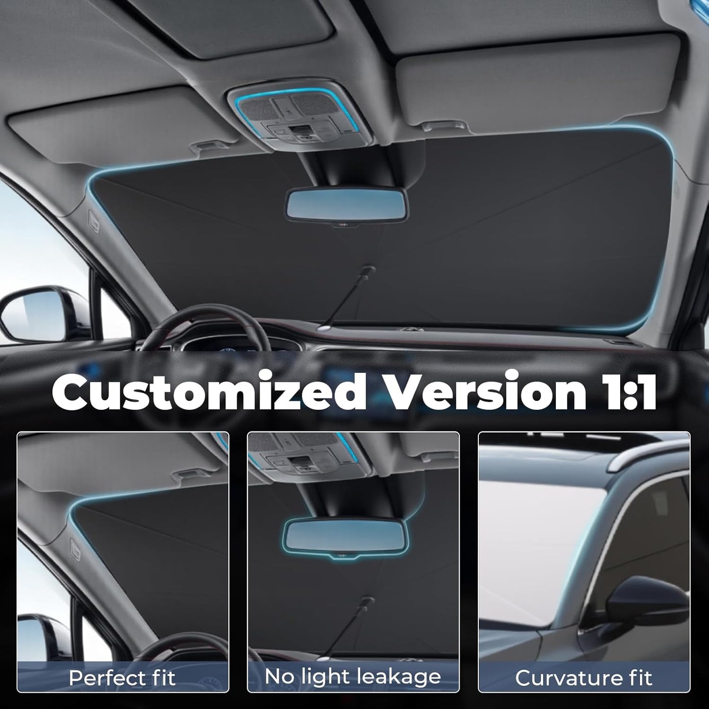 Windshield Sun Shade Umbrella: for Tesla Model Y 2016-2023 2024 2025 Model Y Juniper- Front Car Window Shades - 4-Layers Thickened Foldable Automotive Sunshades Block UV Keep Cool