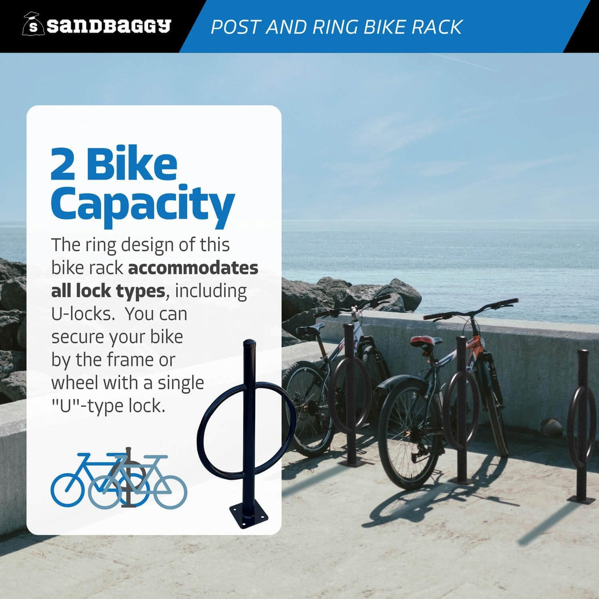 Sandbaggy Post and Ring Bike Rack - Commercial Bike Racks - Galvanized Steel - Anti-Theft Design - In Ground, Apartments, Sidewalks, Industrial (White, 2)