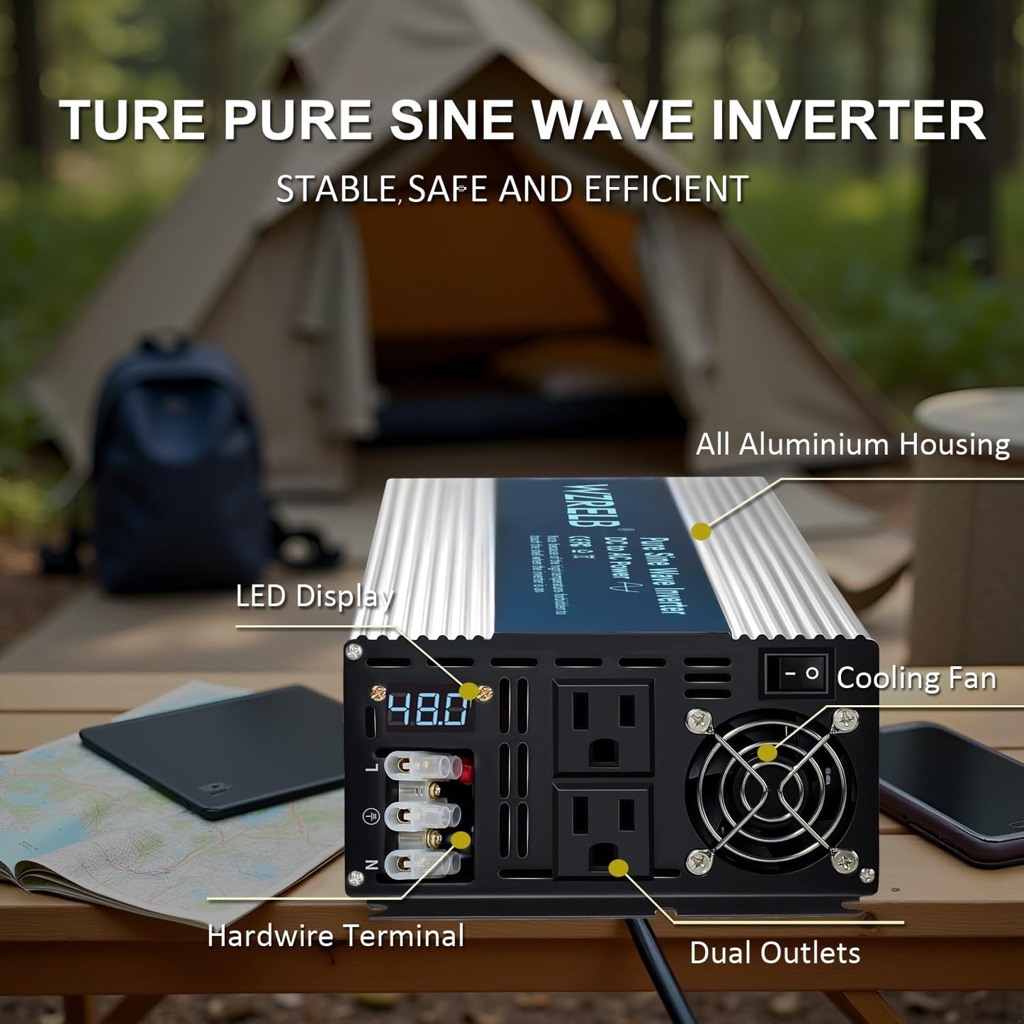 WZRELB 4000W Pure Sine Wave Inverter, Car Power Inverter 48V DC to 110V 120V AC Converter for RV, Truck, Solar, Outdoor with Dual AC Outlets, Hardwire Port, Surge 8000W, LED Display,Off-Grid