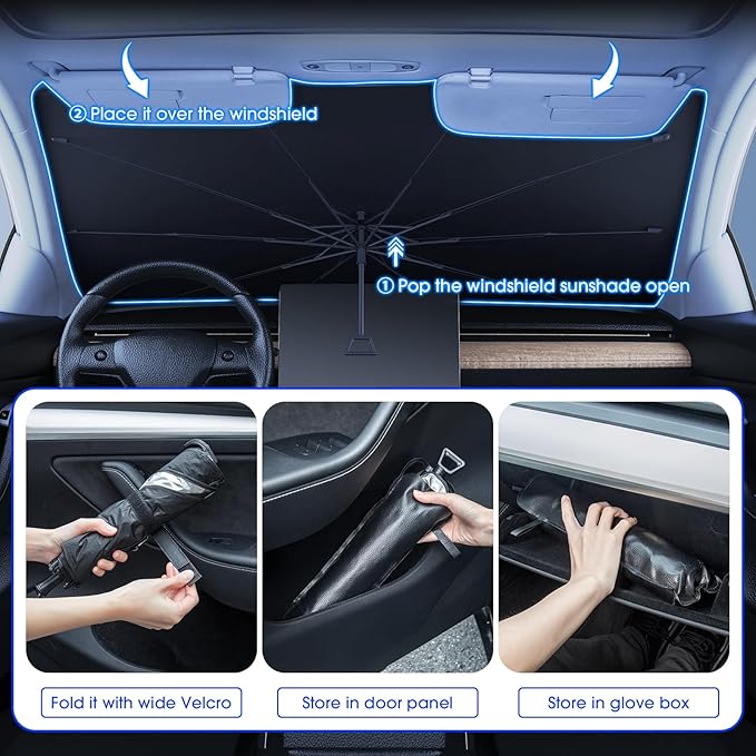 helloleiboo Foldable Car Windshield Sun Shade Umbrella 360°Rotating 55"x30"Sunshade for Car Windshield Front Window Reflective Polyester Blocks Heat Automotive Interior Sun Protection for Cars Trucks