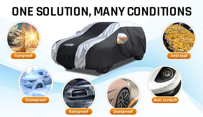 SUV Car Cover Waterproof All Weather Protection with Silver Stripe Design,Universal Fit Toyota RAV4, Honda CRV, Tesla Model Y, Audi Q5, Nissan Rogue, Mazda CX-5, Kia Sorento,Hyundai Sante Fe