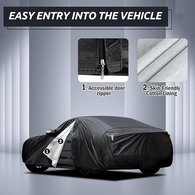 Migaven 6 Layers Car Cover Custom Fit for Ford Mustang 1994-2025, for Chevy Camaro 2010-2025, Waterproof Full Exterior Cover Rain Sun Protection with Door Zipper & Inner Cotton
