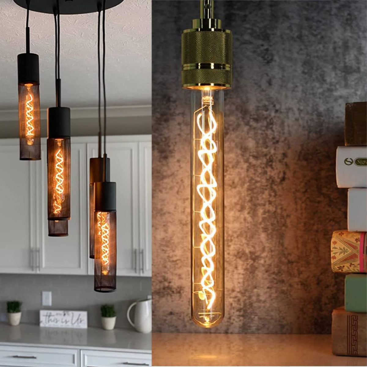 Vintage LED Spiral Filament Bulb T10, 8.9inch Long Tubular Dimmable Edison Light Bulbs,E26 Base,Amber Glass,Warm White,2200K, 400LM(40W Equivalent), Pack of 4