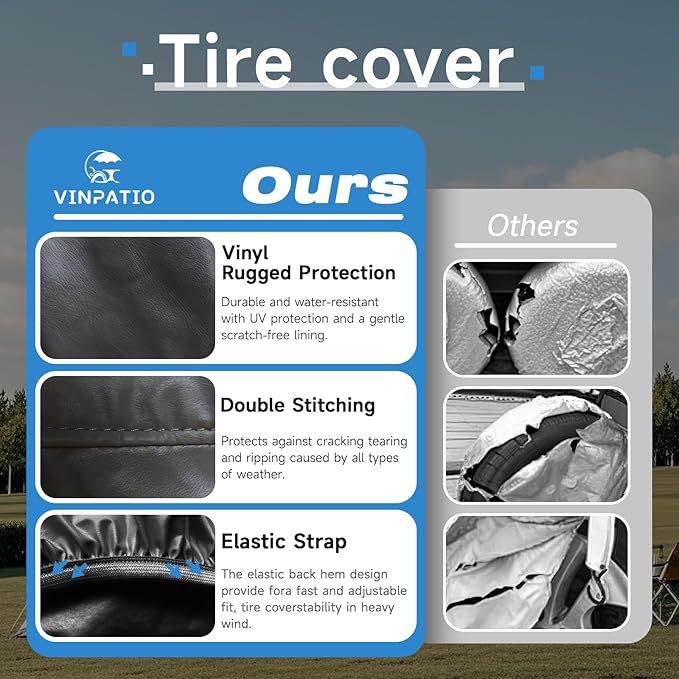 RV Tire Covers Set of 4, Tough Waterproof Wheel Protector for Trailer Camper, Truck, SUV, Motorhome, Universal Fits Tire Diameters 24-26 inches, Black