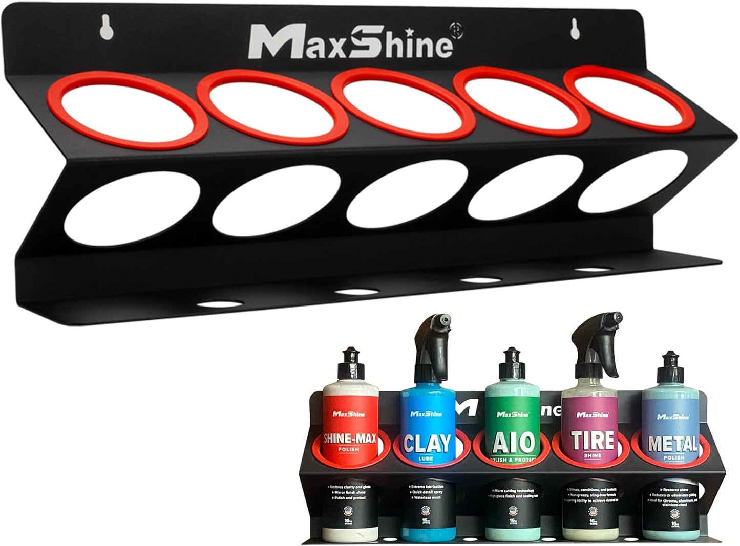 Maxshine Universal Detailing Spray Bottle Holder - Mobile Detailing & Car Garage Organizer, Holds 5 Sprayers (16oz) with 4 Small Holes, Lightweight Design, Easy Wall Mounting (Set 1)