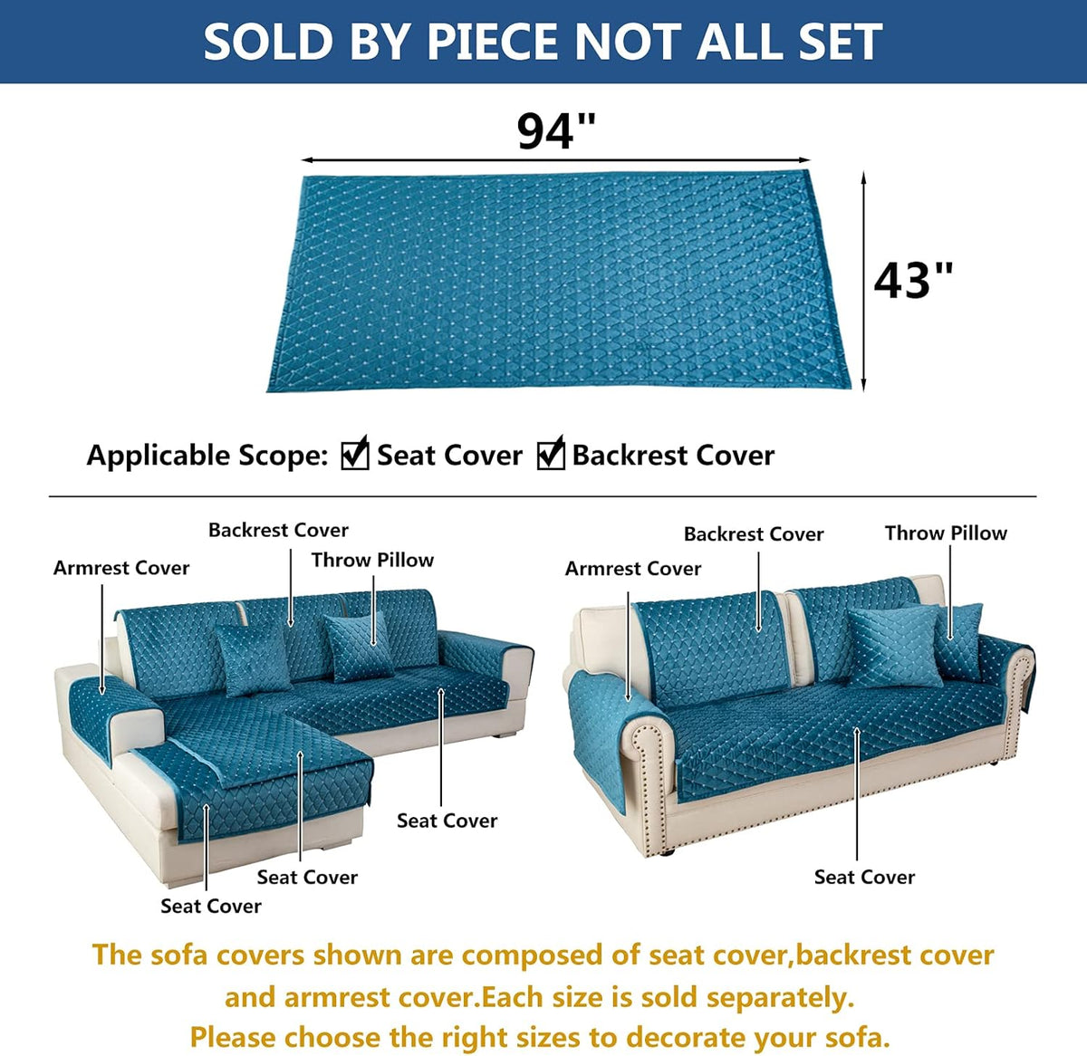 Eismodra Couch Cover,Sectional Couch Covers,Sofa Covers for 3 Cushion Couch,Anti-Slip Sofa Slipcovers for Dogs Cats Kids Loveseat Recliner L Shaped Armrest Backrest,Blue 43''x94''(Only 1 Piece)