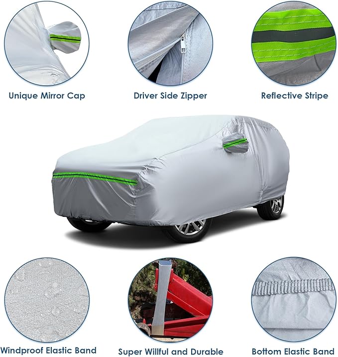 AUQDD 6-Layers Premium SUV Car Cover Waterproof All Weather Weatherproof UV Sun Protection Snow Dust Storm Resistant Outdoor Exterior Custom Form-Fit Full Padded Car Cover with Straps 198"-208" K9