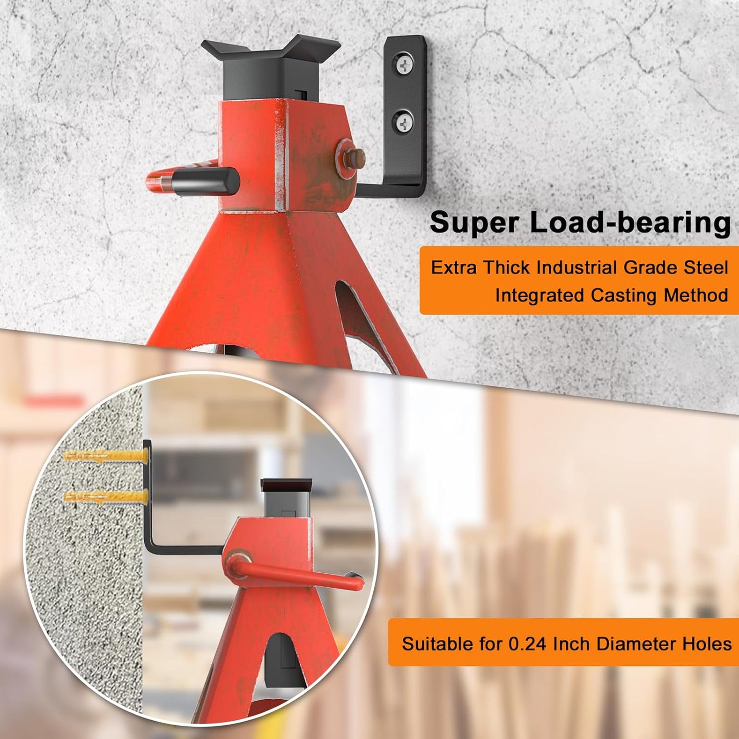 Jack Stand Wall Mount Organizer, Car Jack Stands Wall Hooks for Hanging, Universal Upgrade Designed Garage Hook, Heavy Duty Hooks Fits 2 & 3 & 4 & 5 & 6 Ton Heavy Duty Jack Stands (4 Pack)