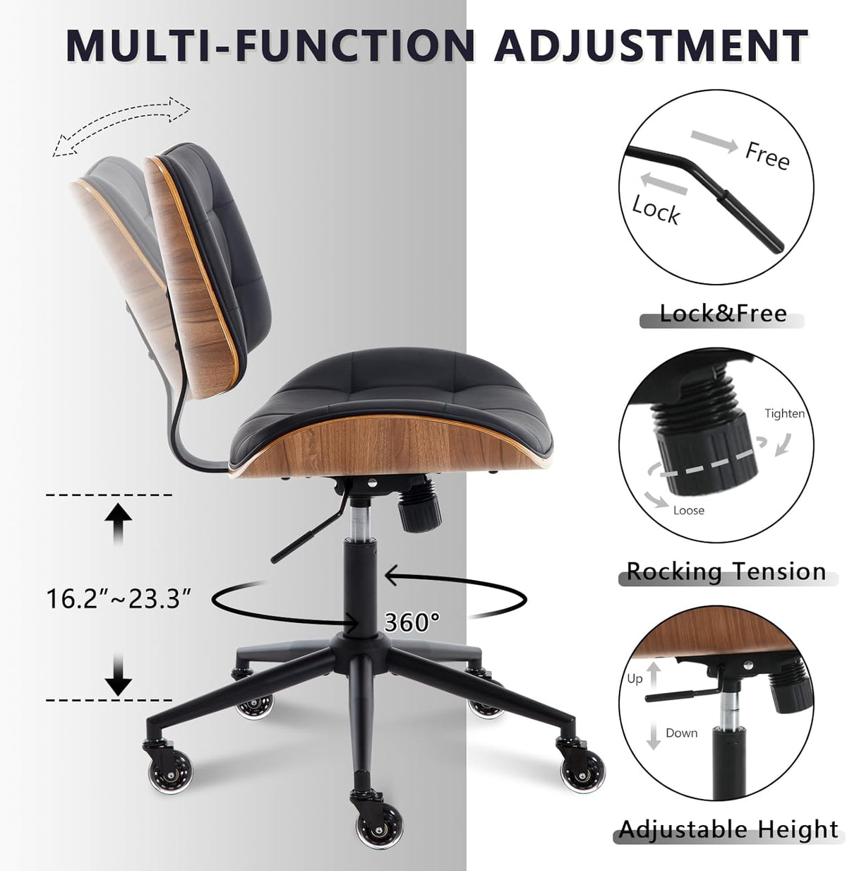 Home Office Desk Chair with Wheels, Adjustable Height Armless Office Chair, PU Leather Mid Back 360° Small Computer Chair, Modern Walnut Chair No Arms for Office, Reading Meeting Room(Black)
