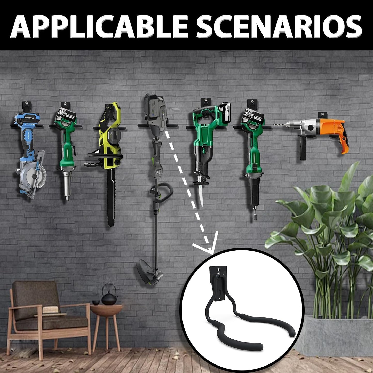 3-H Weed Eater Hanger 4 Pack,2 Garden Hose Holder,2 Screw in Hooks,Utility Weedeater Rack,Tool Hangers for Organizing and Hanging Weed Wacker,Leaf Blower,String Trimmer in Garden