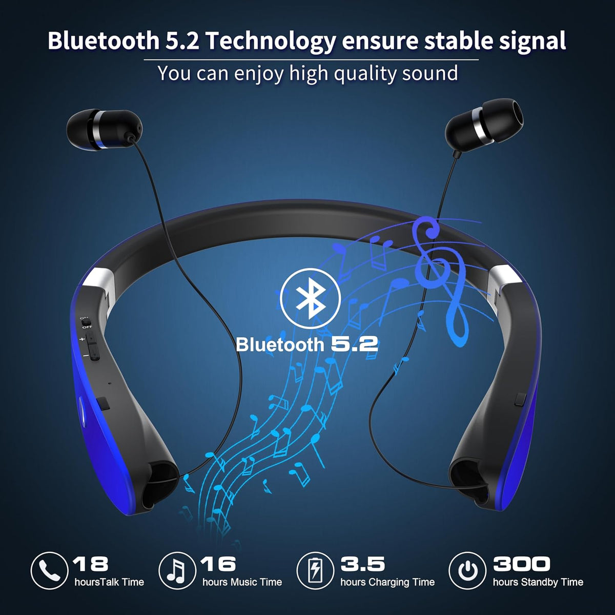 AMORNO Foldable Bluetooth Headphones Wireless Neckband Headset with Retractable Earbuds, Sports Sweatproof Noise Cancelling Stereo Earphones with Mic (Blue)