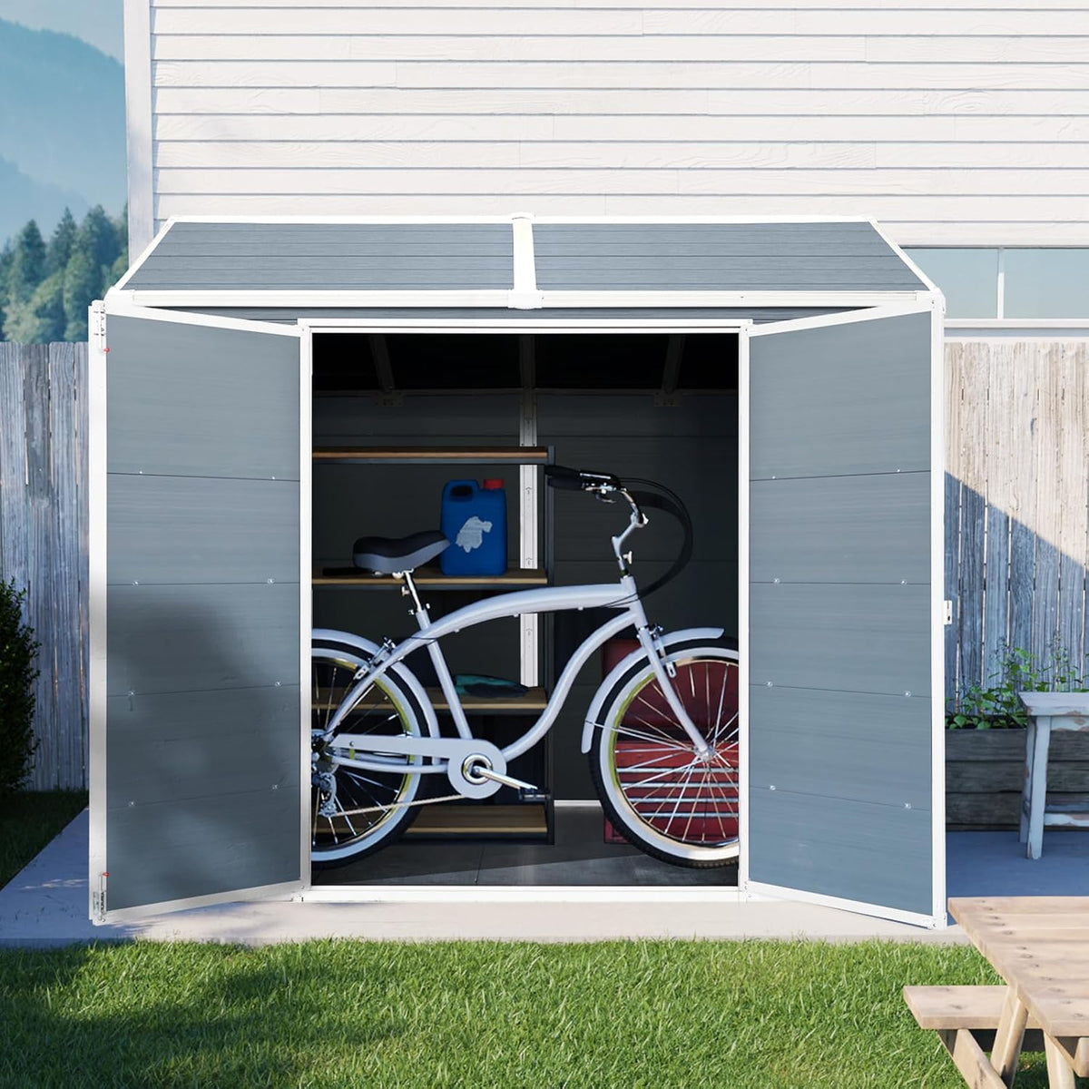 8x6 FT Outdoor Storage Resin Shed with Floor,Waterproof Plastic Garden Bike Shed with Lockable Door, Sloped Roof, Vents & Windows, Easy Assembly Tool Shed for Lawn, Backyard, Patio, Grey
