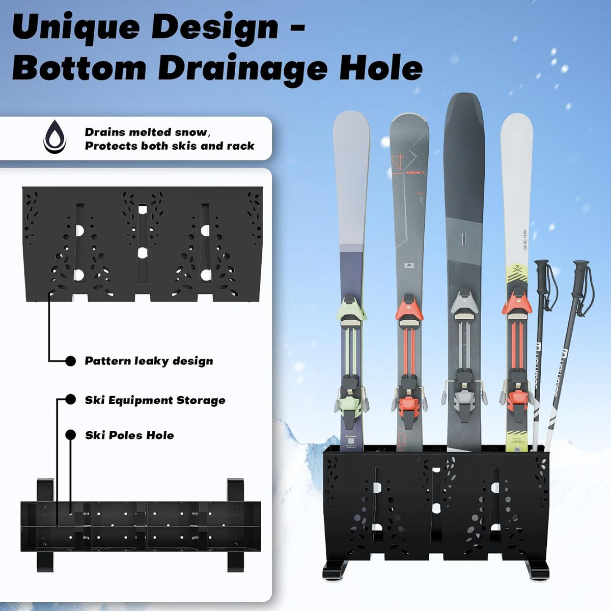 Heavy Duty Metal Ski Storage Rack, 4 Pair Freestanding Steel Ski Holder, Floor Stand Ski Organizer Rack, Snowboard Floor Stand Organizer for Garage and Home