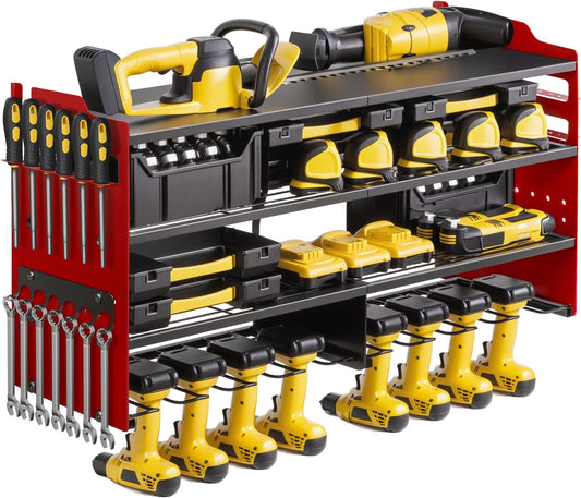 oviitech Power Tool Organizer Wall Mount, 8 Drill Holder Wall Mount Loads 400lbs, 4 Layer Heavy Duty Metal Power Tool Storage, Red, Utility Rack for Garage Workshop, Gifts for Men