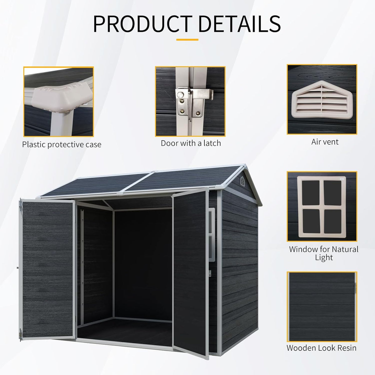 8x6 FT Outdoor Storage Shed, Resin Garden Shed with Thick Floor, Plastic Storage Shed with 2 Windows, Waterproof Outside Tool Shed with Lockable Hinged Doors for Backyard, Patio, Lawn, Black