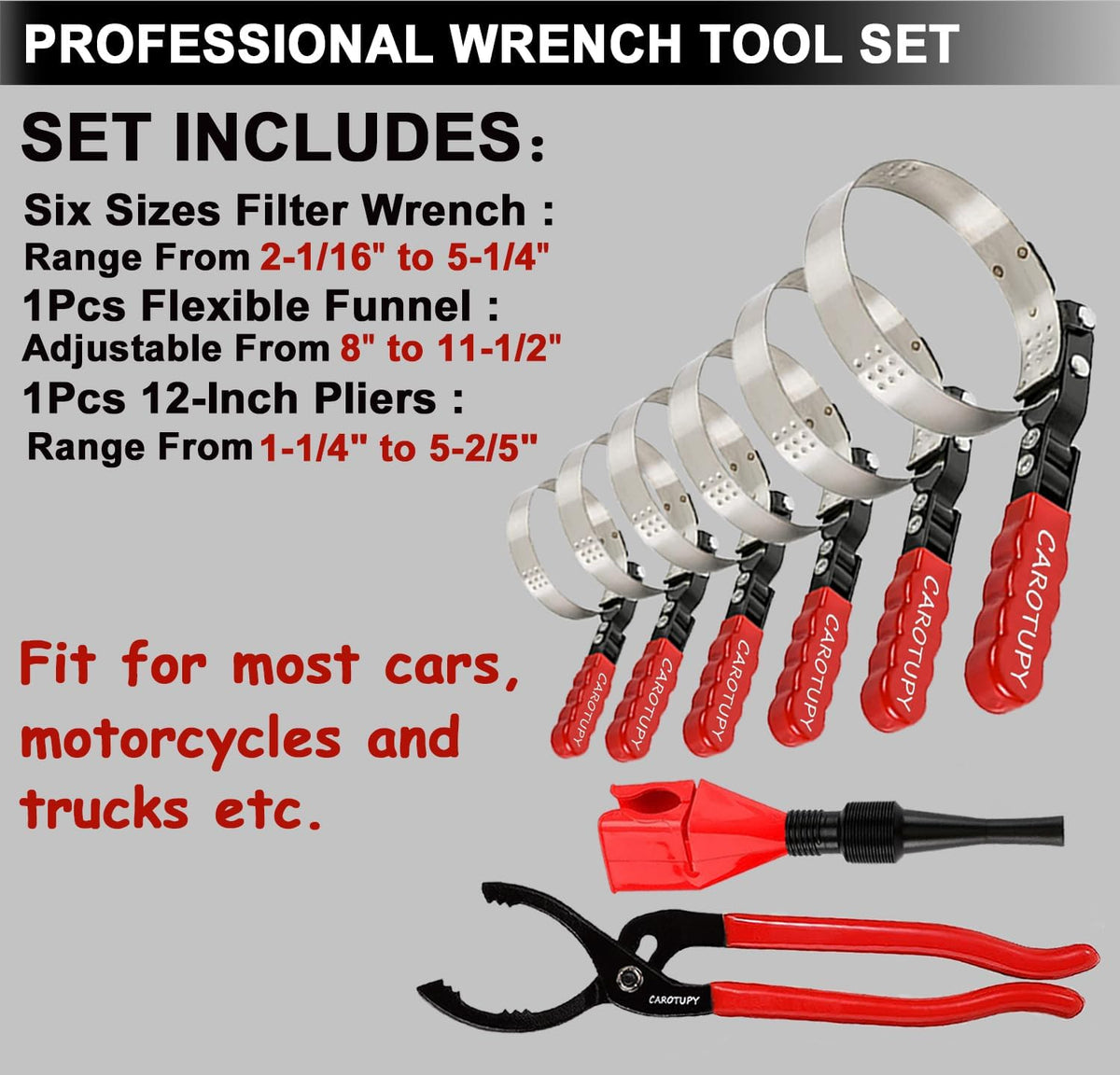 8pcs Oil Filter Wrench Set, 12" Adjustable Oil Filter Pliers with Flexible Oil Funnel, Oil filter Removal Tool Adjustable from 1-1/4"-5-2/5"