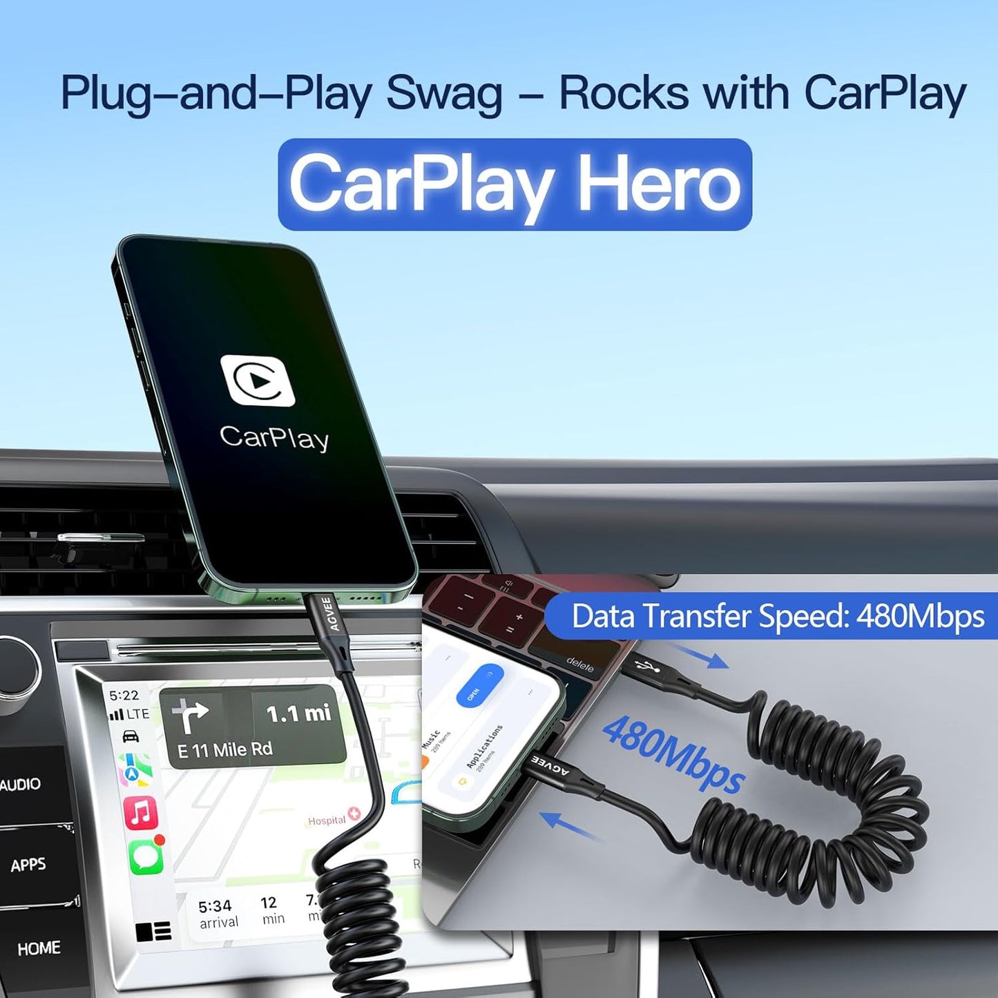 AGVEE 2 Pack 5ft Coiled Short USB-C to Lightning Charging Cable [MFI Certified] 30W PD Fast Charger Cord in Car for iPhone 14/13/12/11/XS/8/7/6/5 CarPlay, iPad, iPod, Black