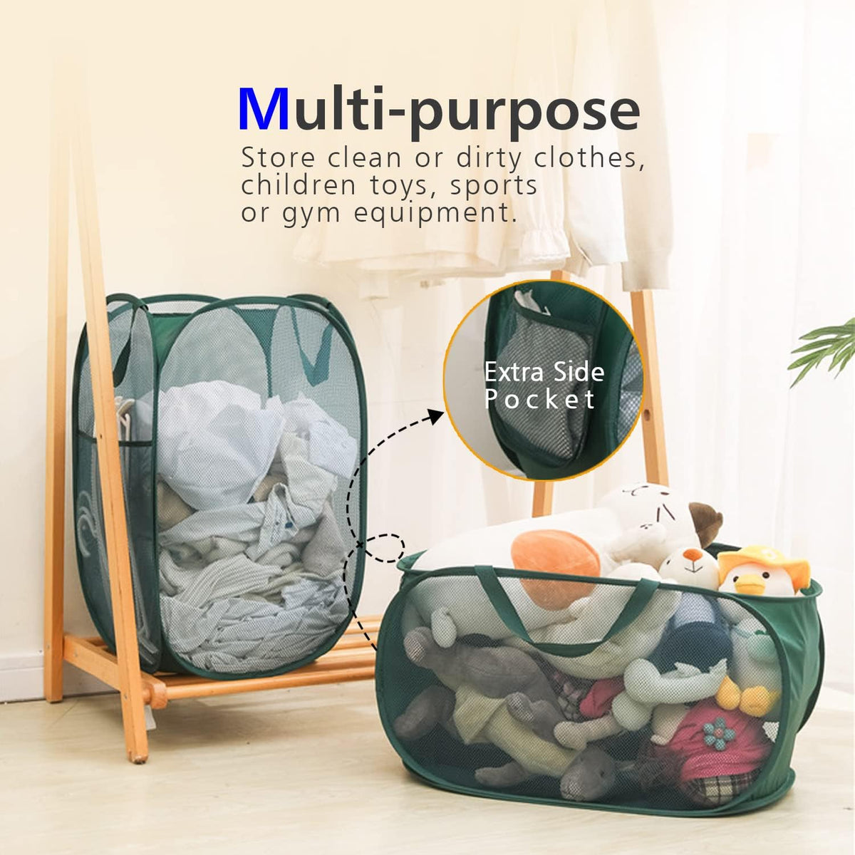 HONOMA Sturdy Mesh Laundry Hamper Basket Bag,Pop up Basket with Side Pocket for Laundry Room, Bathroom, Kids Room, College Dorm or Travel (Pop Vertical, Navy Blue)