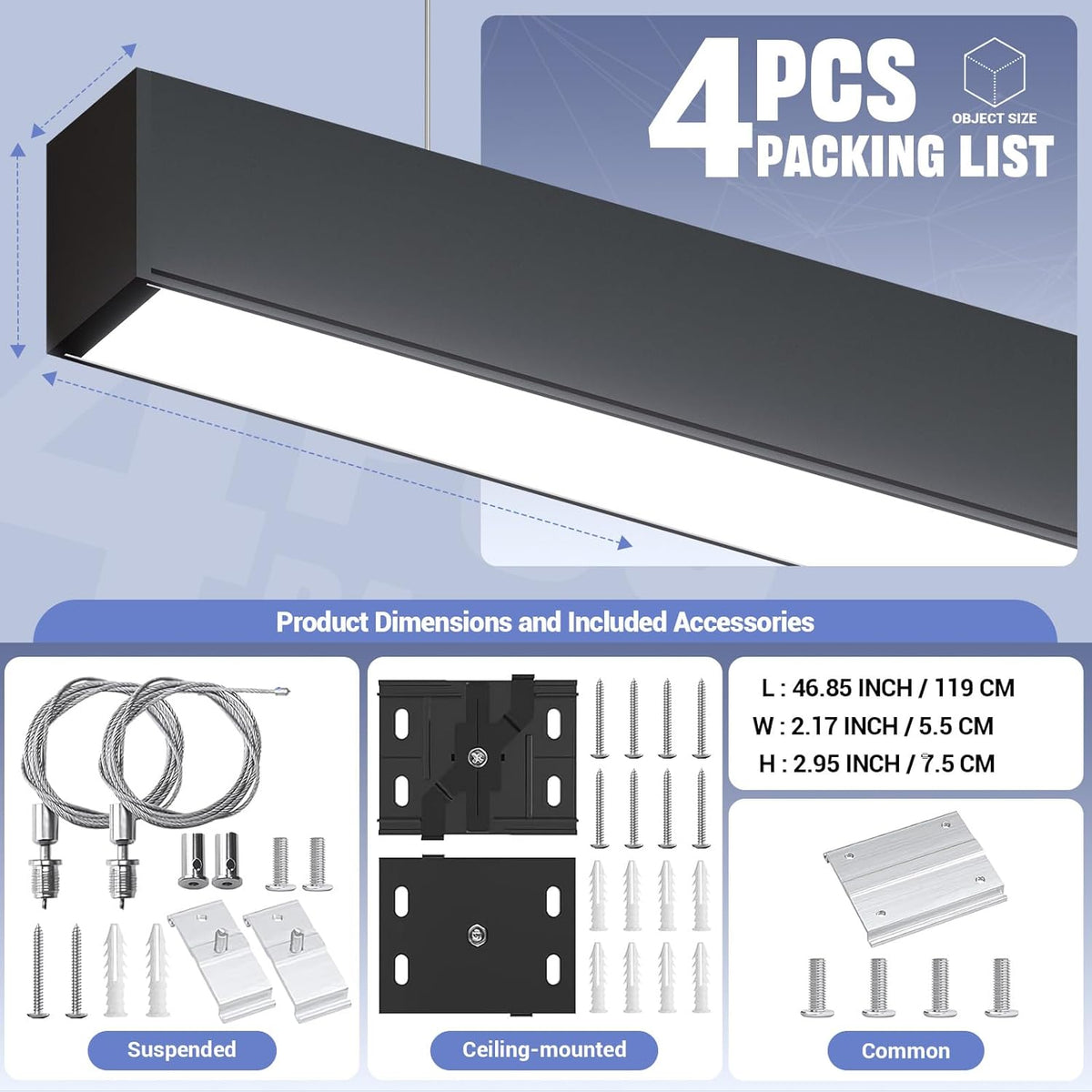 4FT LED Linear Lights 50/45/40/35/30W Up and Down Light, 3000/4000/5000K 4 Feet Commercial Shop Lighting for Office Garage Basement Shop Dining Room bar, Dimmable 4’ Architectural Fixture-4Pack