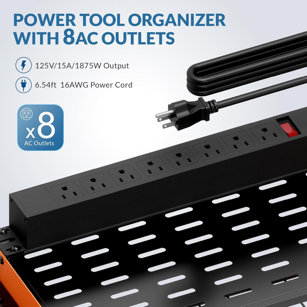 Power Tool Organizer with Charging Station, 4 Layers Garage Storage Rack with 6 Drill Holders, Father's Days Gift For Dad, Wall Mount Garage Organizer Built in 8 Outlets Power Strip, Orange