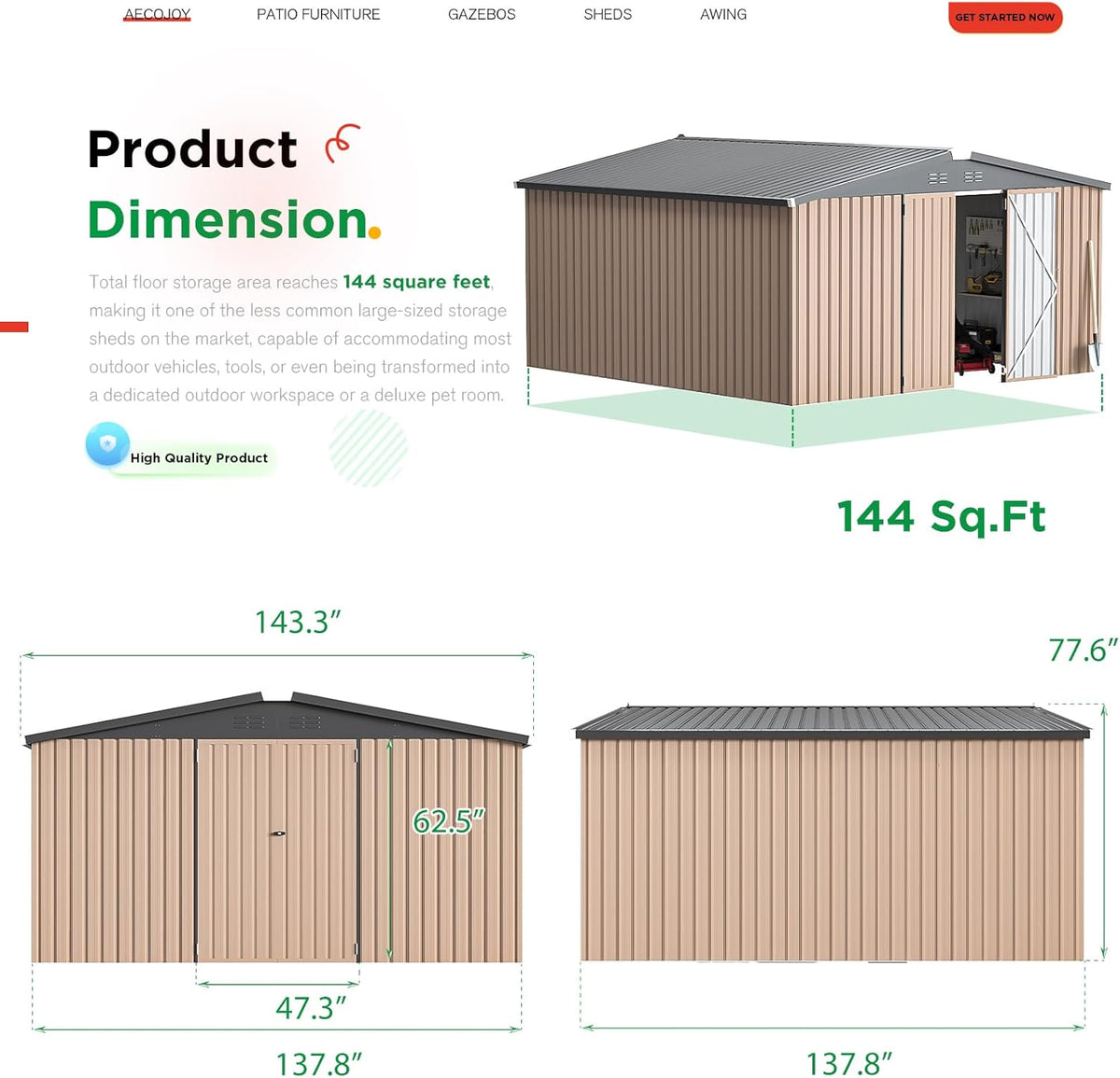 AECOJOY 12' x 12' Shed Metal, Outdoor Storage Sheds & Outdoor Storage 12' x 12' with Lockable Doors, Large Steel Yard Shed, Utility and Tool Storage for Garden, Backyard, Patio, Outside use in Grey