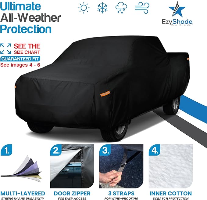 EzyShade 10-Layer Truck Cover Waterproof All Weather. See Vehicle Size-Chart for Accurate Fit. Outdoor Pickup Truck Covers - Ford F150 Colorado RAM. Sun Snow Rain. Black, Size T3 (See SizeChart)