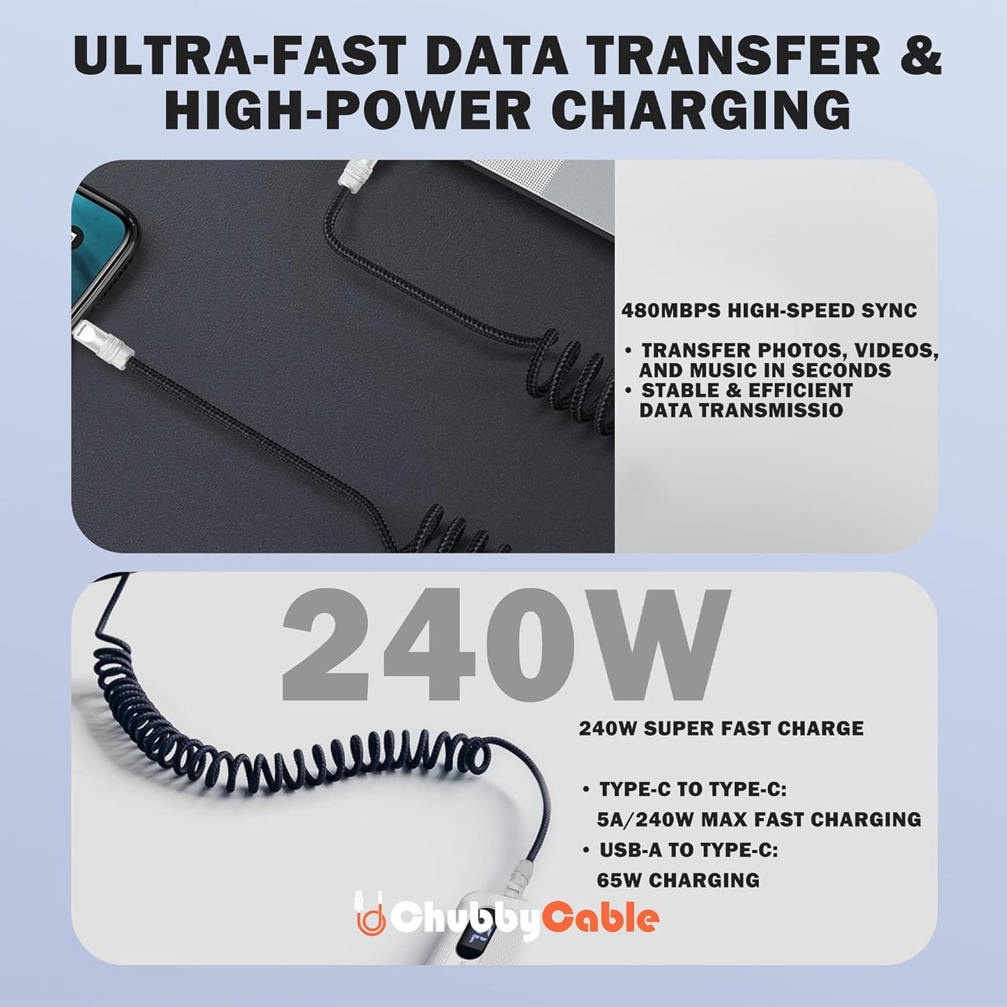chubbycable Curly Chubby - Retractable Fast Charging Cable 240W Coiled Charger Cord for Car Durable USB-C Cable for Phones, Tablets and More, White, USB-A to Type-C, 1.3FT-2.3FT