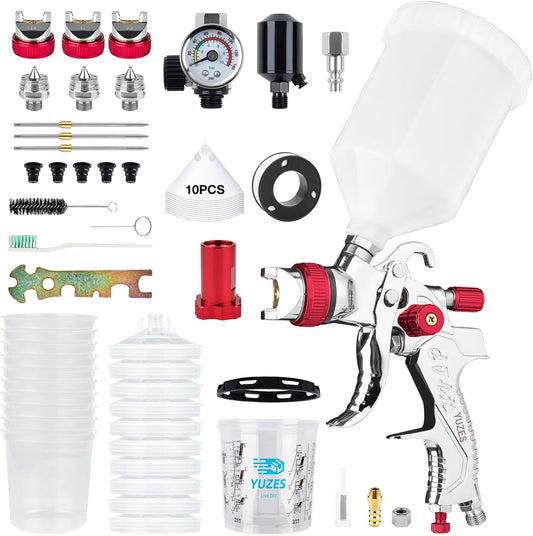 YUZES HVLP Spray Gun Plus Kit with 20 Oz Disposable Paint Cups, Easy to Use, 1.4/1.7/2.0mm Nozzles Air Spray Gun for Painting Cars & Furniture DIY Painting, Paint Spray Gun for Primer, Clear/Top Coat