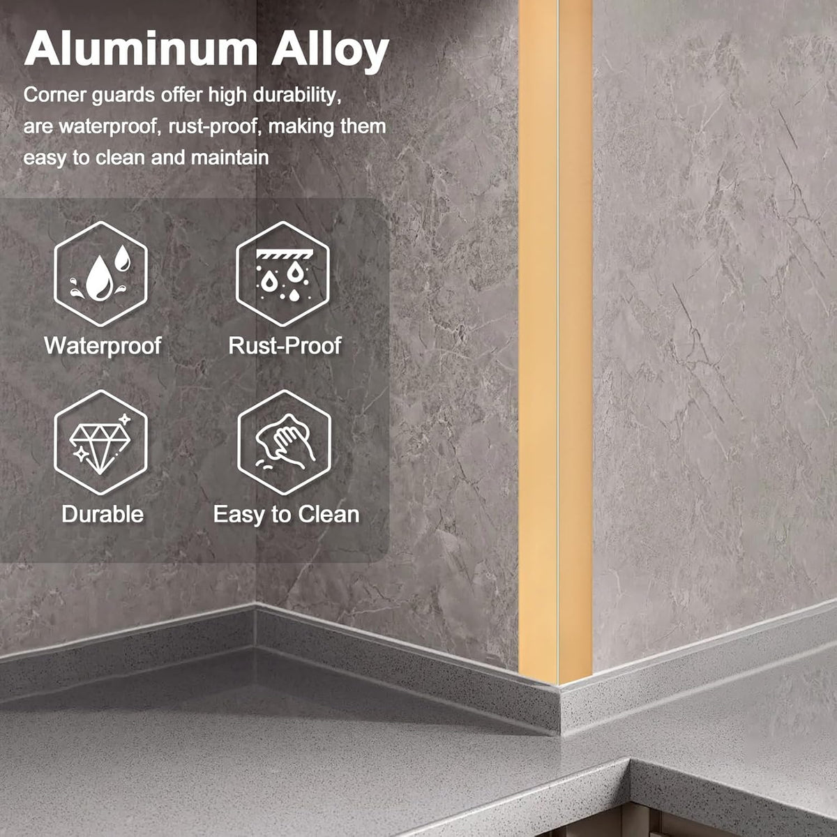 4PCS 45" Aluminum Metal Corner Protectors, Self Adhesive Corner Guards, Metal Wall Edge Protector Strip, Furniture Corner Protectors, Wall Cabinet Baseboard Decoration 45" x 1" (Copper Gold)
