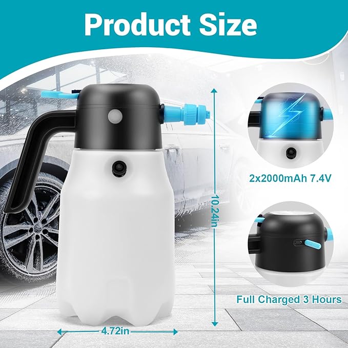 Electric Foam Sprayer Car Wash, 60PSI Foam Sprayer Auto Pressurized with 2 Nozzles(Foam/Water Stream), Built-in 7.4V Pump, 2x2000mAh Battery, for Car Wash, Window Cleaning, Garden&Home Use-68oz/2L