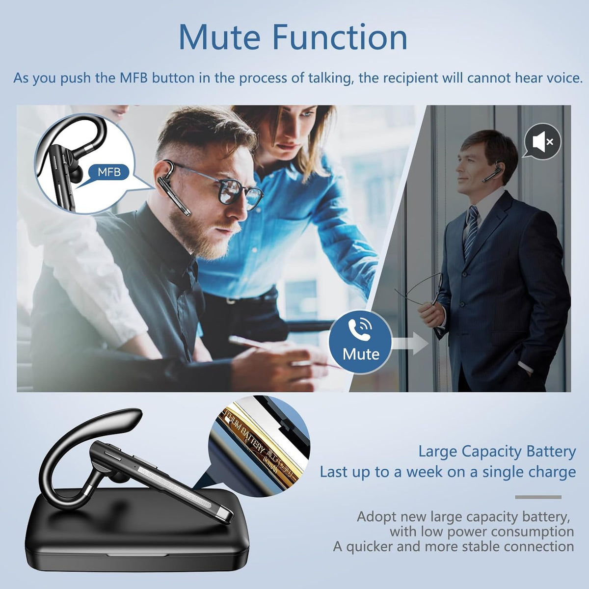 Bluetooth Headset, Wireless Bluetooth Earpiece with mic Trucker Headset for Phone Case Office Phones Built-in Microphone Manos Libres Noise Cancelling