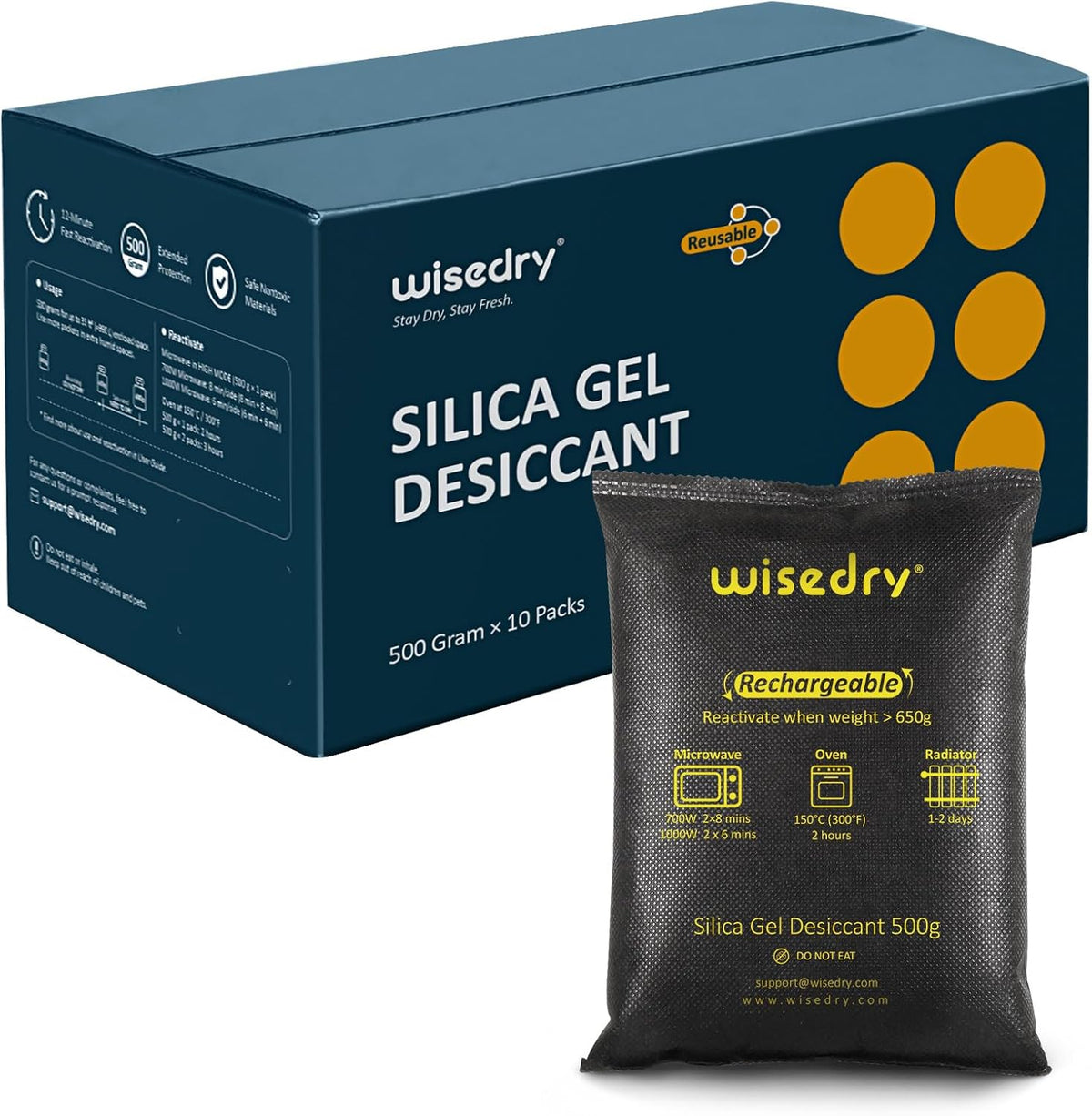 wisedry 10 x 500 Grams [11 lbs] Rechargeable Silica Gel Car Dehumidifier, Microwave Fast Reactivated Desiccant Packets Large for Gun Safe Closet Basement Garage Storage Moisture Absorber Bag Reusable