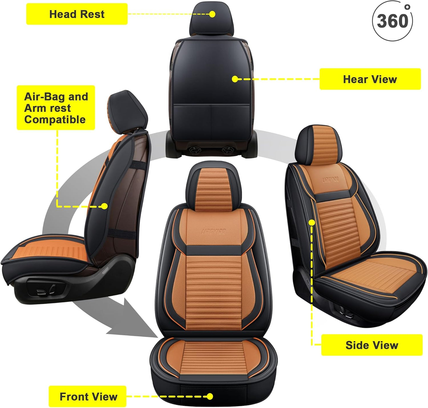 LINGVIDO Universal Car Seat Cover, Breathable and Waterproof Faux Leather Automotive Seat Covers for Cars SUV Sedan (Front seat, Brown & Black)