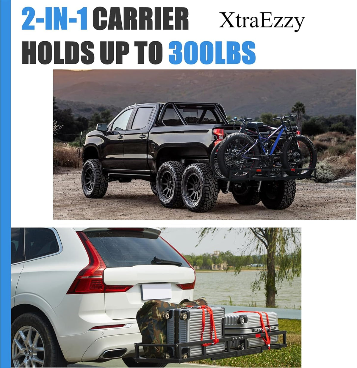 Hitch-Mount Bike Rack for Ebike Heavy-Duty - Comes with Cargo Carrier Fits 2 Electric Fat-Tire Mountain Bicycles Fits 2" Receiver for Car Trailer SUV Truck RV Minivan (Blue)