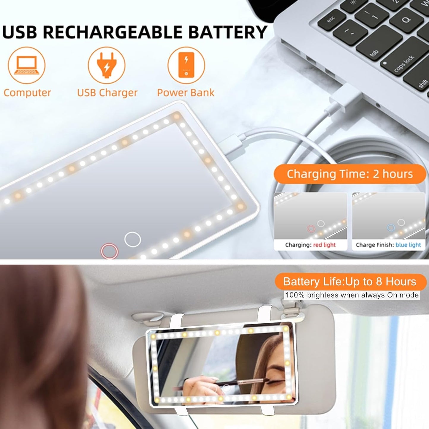 Car Sun Visor Vanity Mirror, 2 Pcs Rechargeable Makeup Mirror With 3 Light Modes & 60 LEDs - Dimmable Clip-on Rear View Sun-Shading Cosmetic, Universal for Car SUV Truck