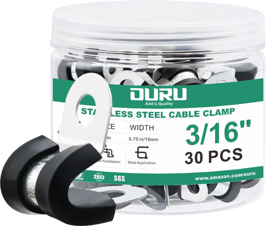 30pcs 3/16 Inch Cable Clamp,304 Stainless Steel Rubber Coated Cushioned Insulated Cable Clamps-Metal Wire Clamps,Pipe Clamps for Tube,Lines(Black,5mm)
